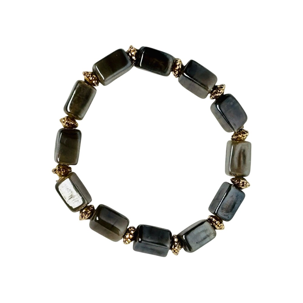 Vintage Grey Cat's Eye Quartz Crystal Beaded Stretch Bracelet Gold Tone Spacers